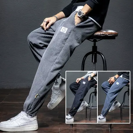 2023新款冬季男士休闲长裤子宽松紧腰束脚抽绳灯芯绒运动卫裤男裤图片