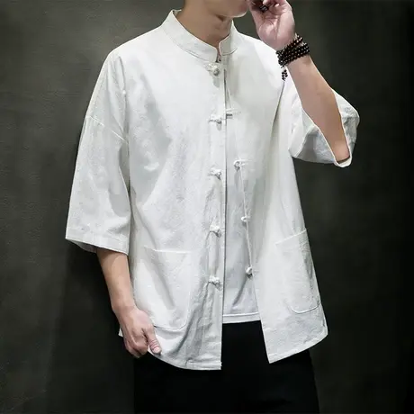 夏季中国风衬衫男复古开衫中袖宽松盘扣中式新潮复古衬衣休闲男装图片