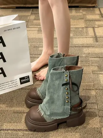 欧洲站2023秋新款牛仔布金属扣短靴圆头厚底休闲裤管靴马丁靴女鞋图片