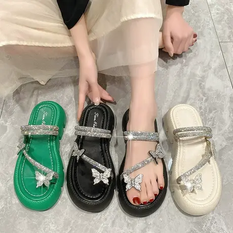 厚底凉拖鞋女外穿2023年新款夏季百搭水钻时尚套趾一字拖沙滩鞋女图片