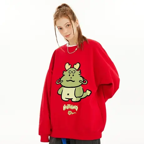 国潮加绒加厚套头龙年本命年卡通红色卫衣潮牌男春季加肥加大上衣图片