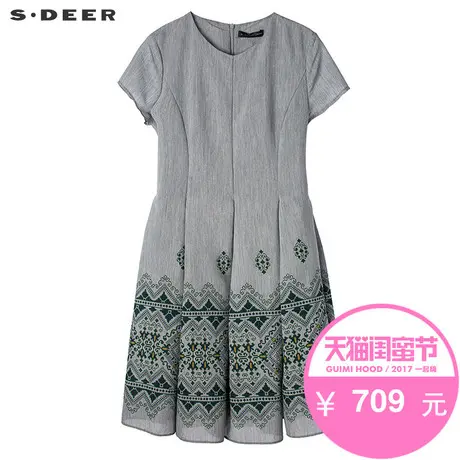 s.deer【商场同款】圣迪奥绿调数码印花高腰百褶连衣裙S17281241图片