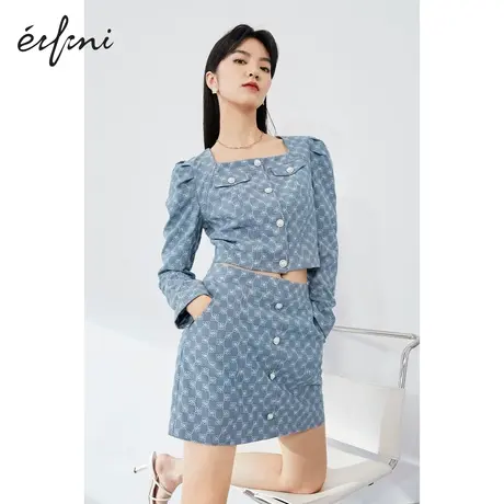 伊芙丽短外套2021春新品复古风方领羊腿袖钻扣绣花套装半身裙女商品大图