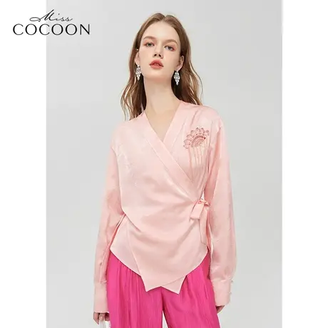 【秋上新】missCOCOON新中式提花醋酸上衣2023秋新款女短款雪纺衫图片