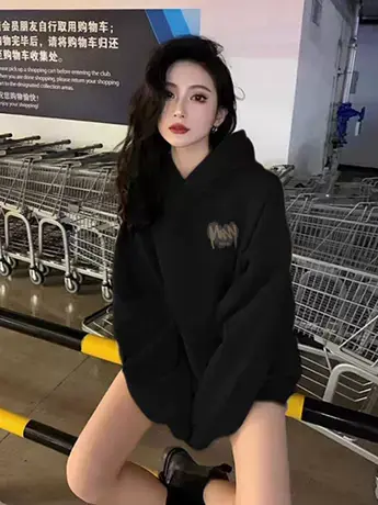 黑色韩版正肩超厚加绒连帽卫衣外套女2024新款爆款外搭小众卫衣女商品大图