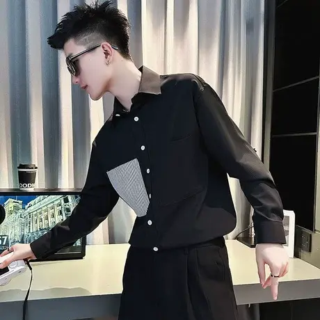 男士不对称口袋设计长袖衬衫春秋季潮牌休闲新款男装上衣衬衣个性商品大图