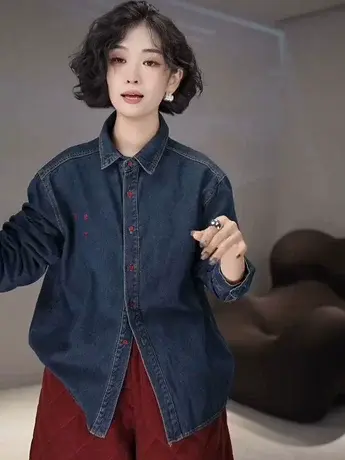 2023新款港风复古蓝色牛仔衬衫女秋冬季休闲百搭叠穿显瘦衬衣外套商品大图