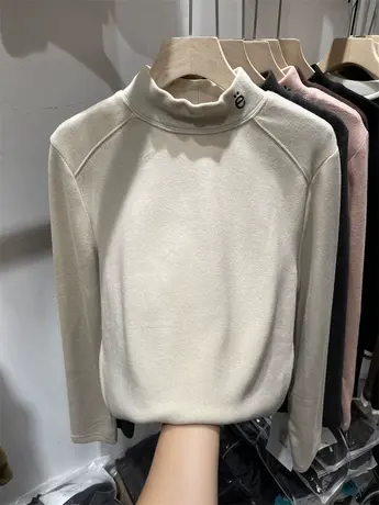 半高领刺绣字母双面德绒长袖T恤女2024秋冬新款宽松软糯小衫上衣商品大图