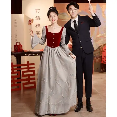 敬酒服2024新款新娘冬季订婚裙礼服高端轻奢小众红色拼接晚礼服女商品大图