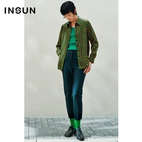 INSUN恩裳春季铜绿色挺括小脚裤廓形西装裤商品大图