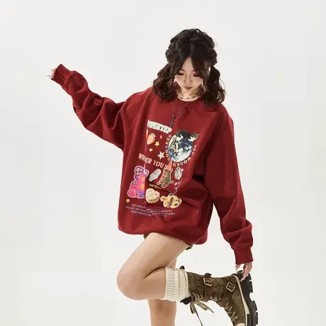 YEP美式复古酒红色圆领卫衣女2024春季新款卡通印花宽松无帽上衣图片