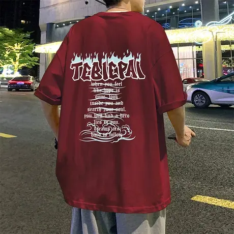 酒红色纯棉短袖t恤男夏季新款宽松上衣美式vintage潮牌半袖体恤衫商品大图