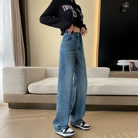 蓝色阔腿牛仔裤女春秋冬2024年新款高腰宽松复古做旧直筒拖地裤子图片