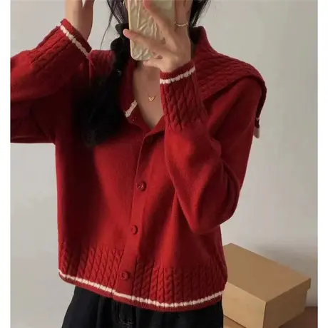 春装红色海军领毛衣开衫女春秋2024新款女士针织衫外套女洋气内搭图片