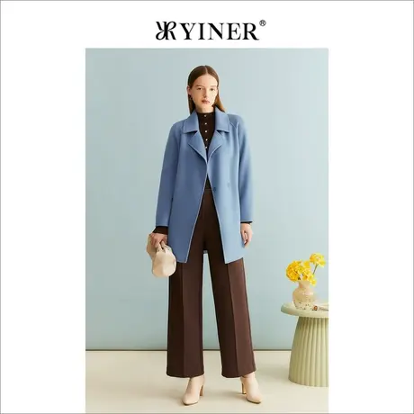 【绵羊毛+山羊绒】YINER音儿女装冬季水蓝色外套双面呢大衣商品大图