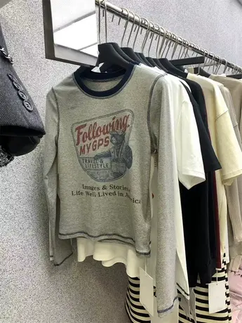 十三行2024春季新款美式复古卡通印花圆领长袖T恤女套头百搭上衣图片