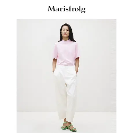 【商场同款】玛丝菲尔2024春季新款粉色半小高领刺绣短袖T恤女图片