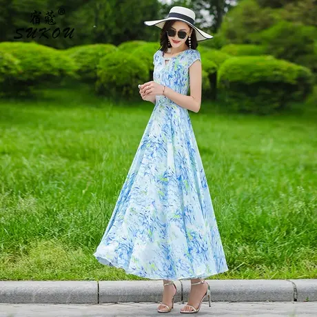 别致设计 蓝色印花小清新连衣裙2024新款 淑女雪纺长裙子气质减龄图片