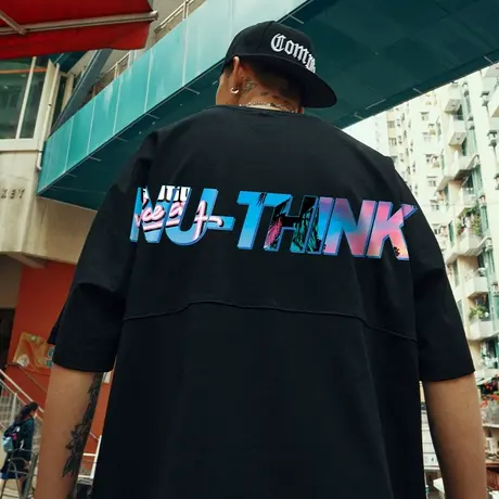 Nuthink大码宽松欧美潮牌字母T恤男潮ins高街情侣短袖夏季蝙蝠袖图片