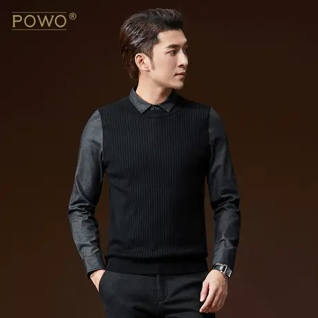 POWO秋冬假两件衬衫领毛衣韩版修身休闲套头男士长袖打底衫针织衫商品大图