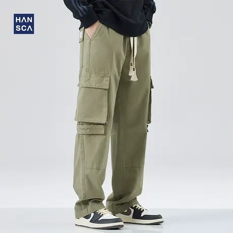 hansca纯棉休闲裤男宽松2023年春季潮牌时尚大贴袋直筒工装长裤子商品大图