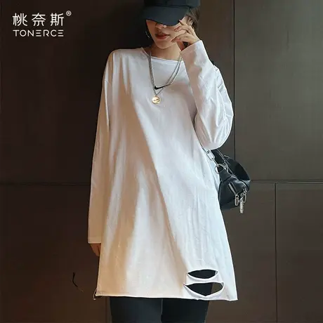 纯棉t恤女宽松韩版白色中长款上衣2024年新款早秋长袖打底衫内搭商品大图