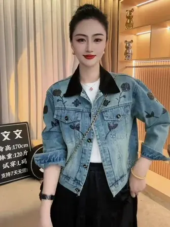 2024年春秋新款刺绣牛仔外套女短款宽松设计感小个子长袖夹克上衣商品大图