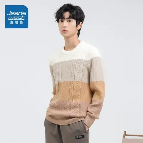 JW真维斯男装2023冬季新款 时尚7针加厚弹力兔绒圆领特织长袖毛衣商品大图