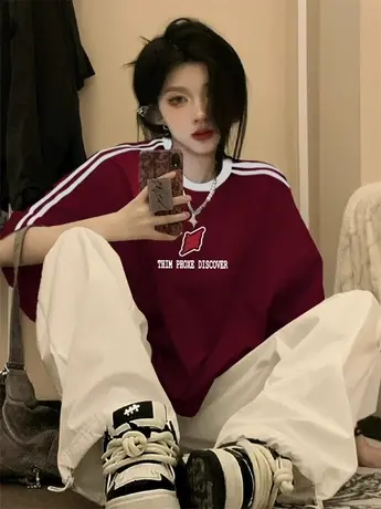 美式复古三条杠插肩短袖t恤女夏季宽松韩系半袖设计感小众上衣服图片