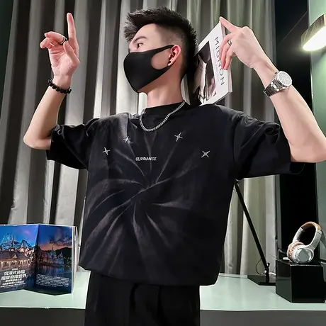 美式重磅烫钻扎染潮牌短袖t恤男夏季圆领痞帅半截袖个性体恤上衣商品大图