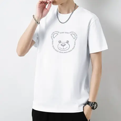 重磅纯棉白色t恤男短袖潮流宽松夏季液氨长绒棉圆领体恤小熊半袖商品大图