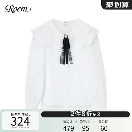Roem甜美娃娃领蕾丝衬衫2023早秋新款舒适俏皮可爱撞色蝴蝶结上衣商品大图
