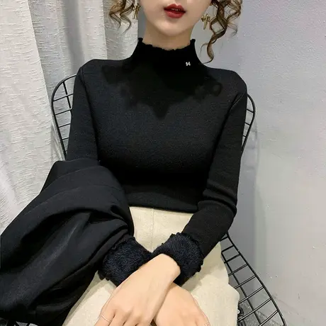 加绒打底衫女加厚洋气木耳边半高领一体绒毛衣新款2021黑色内搭冬图片