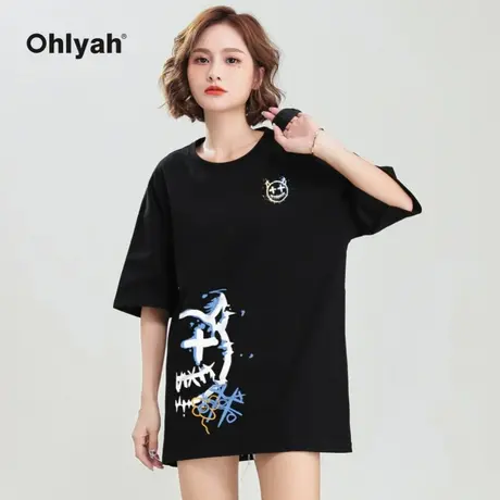 Ohlyah黑色打底潮牌ins宽松纯棉卡通魔鬼笑脸T恤女学生情侣闺蜜装商品大图