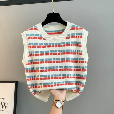 欧货复古格子格纹针织背心马夹小个子设计感圆领马甲秋季外穿毛衣商品大图