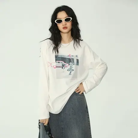 omont蛋挞家 白色宽松印花T恤女春季2023年新款复古显瘦长袖上衣商品大图