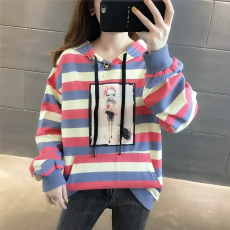韩版ins潮连帽条纹上衣秋装长袖外套2023新款网红卫衣女春秋款女图片