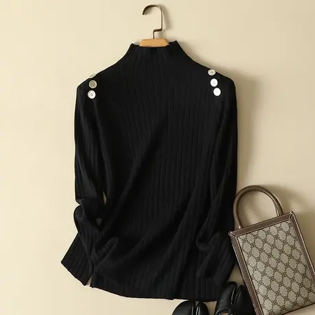 清仓！新款半高领纽扣套头毛衣针织打底衫长袖内搭显瘦女士上衣商品大图