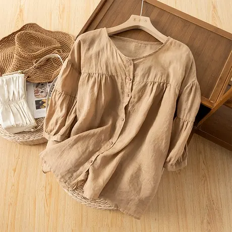 享永子七分袖苎麻上衣女文艺复古设计感宽松休闲小衫2023夏季新款图片