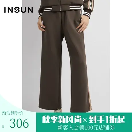 恩裳春秋季时尚撞色织带休闲咖色舒适棉质阔腿裤女图片