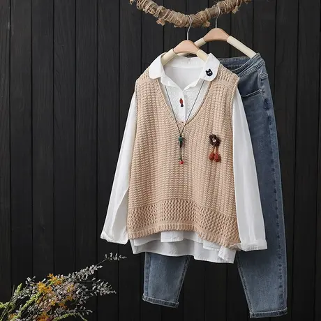 棉线V领镂空针织马甲女背心春季新款宽松无袖马夹坎肩叠穿上衣女商品大图