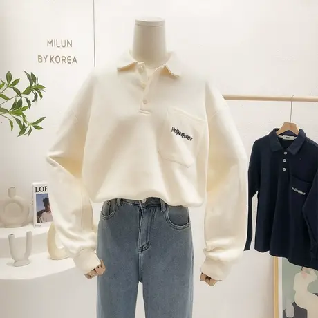 港味原宿风Polo衫上衣2022春秋新款韩国东大门纯色长袖T恤宽松女商品大图