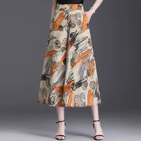 夏季薄款印花裙裤高腰显瘦阔腿裤韩版2023新款九分裤时尚休闲裤子商品大图