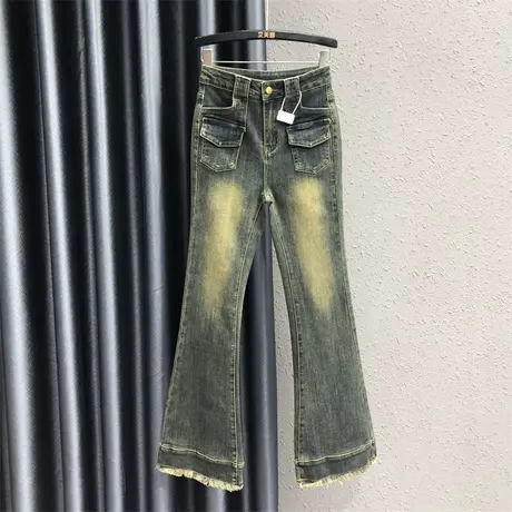 怀旧复古蓝高腰设计感牛仔微喇裤女秋季新款弹力显瘦毛边喇叭裤潮图片