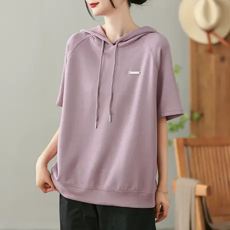 dza复古连帽短袖T恤女2023夏季纯色打底体恤宽松显瘦外搭套头上衣图片