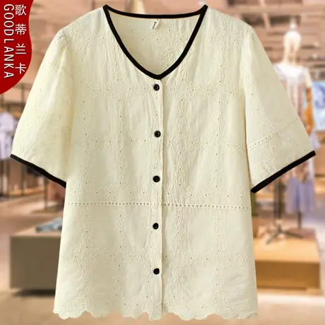 大码中年妈妈夏装纯棉小衫上衣200斤宽松时尚镂空提花短袖衬衫女商品大图