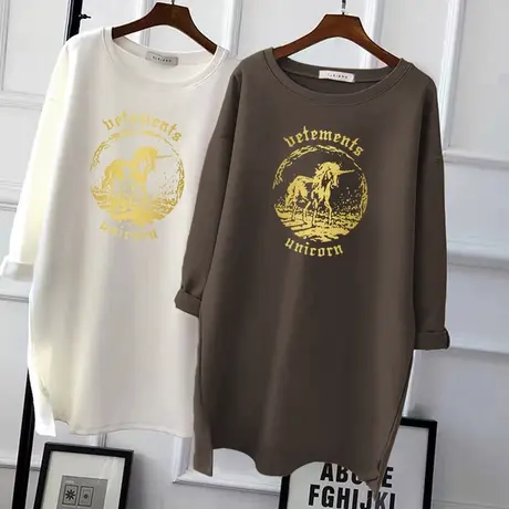 中长款t恤女长袖打底衫2022早秋新款独角兽网红宽松韩版洋气上衣商品大图