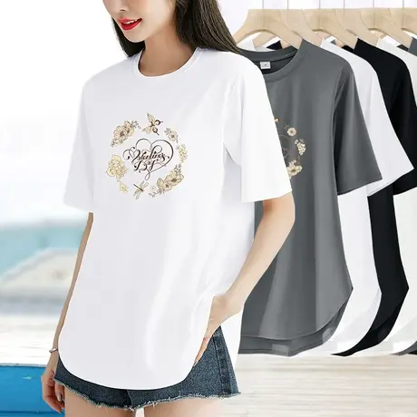 天丝凉感t恤女2023新款宽松设计感印花冰丝短袖夏季开叉体恤大码图片