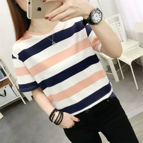 2023年春夏季新款时尚洋气条纹打底衫小众设计感短袖t恤女潮ins图片