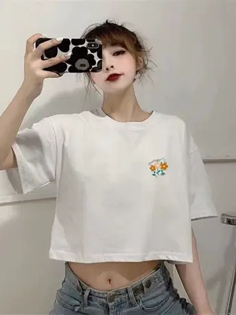 白色正肩短袖T恤女夏季新款宽松辣妹bm风短款设计感高腰半袖上衣商品大图